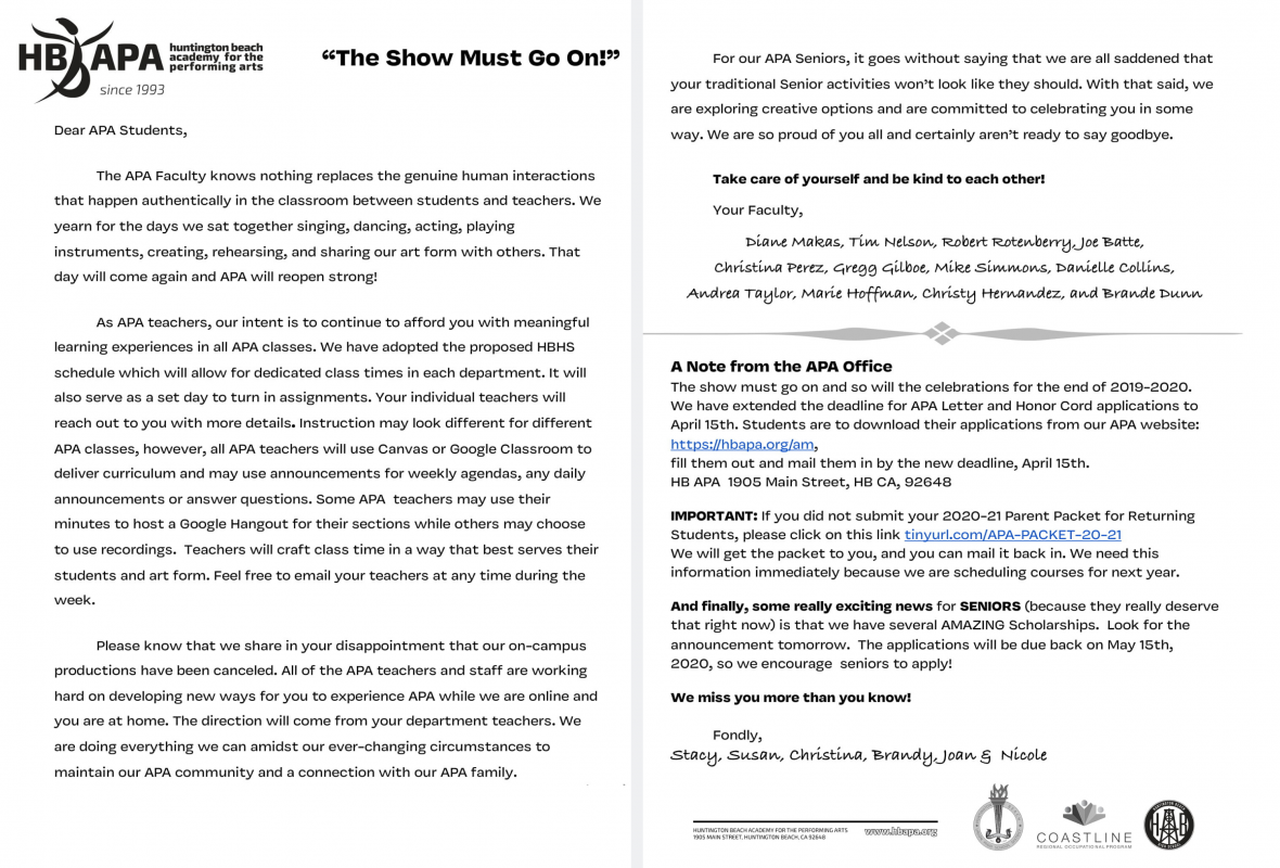 A LETTER TO OUR APA STUDENTS: The Show Must Go On!