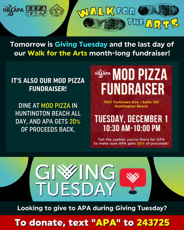 Tomorrow is GIVING TUESDAY & APA’s MOD PIZZA Fundraiser! HBAPA