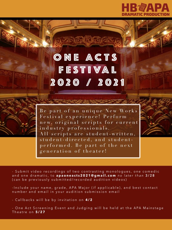 ONE ACT PLAY FESTIVAL Submissions Due 3/28