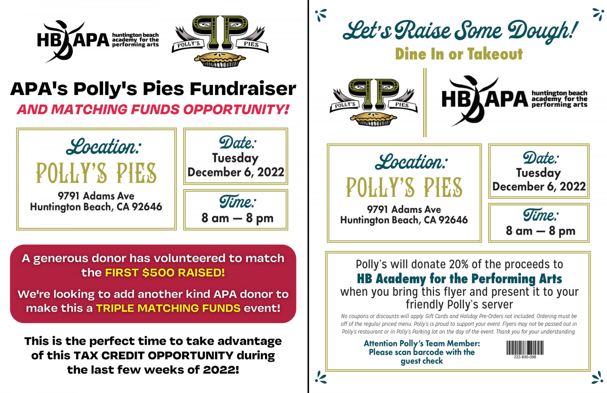 APA’s POLLY’S PIES FUNDRAISER: Tues, Dec 6th