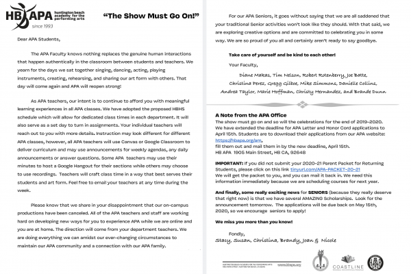 A LETTER TO OUR APA STUDENTS: The Show Must Go On!