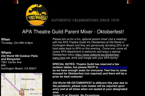APA Theatre Guild Parent Mixer THIS THURSDAY (10/29)
