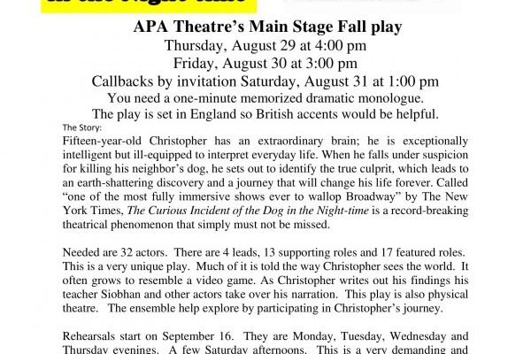 AUDITIONS for fall play on AUGUST 29 & 30